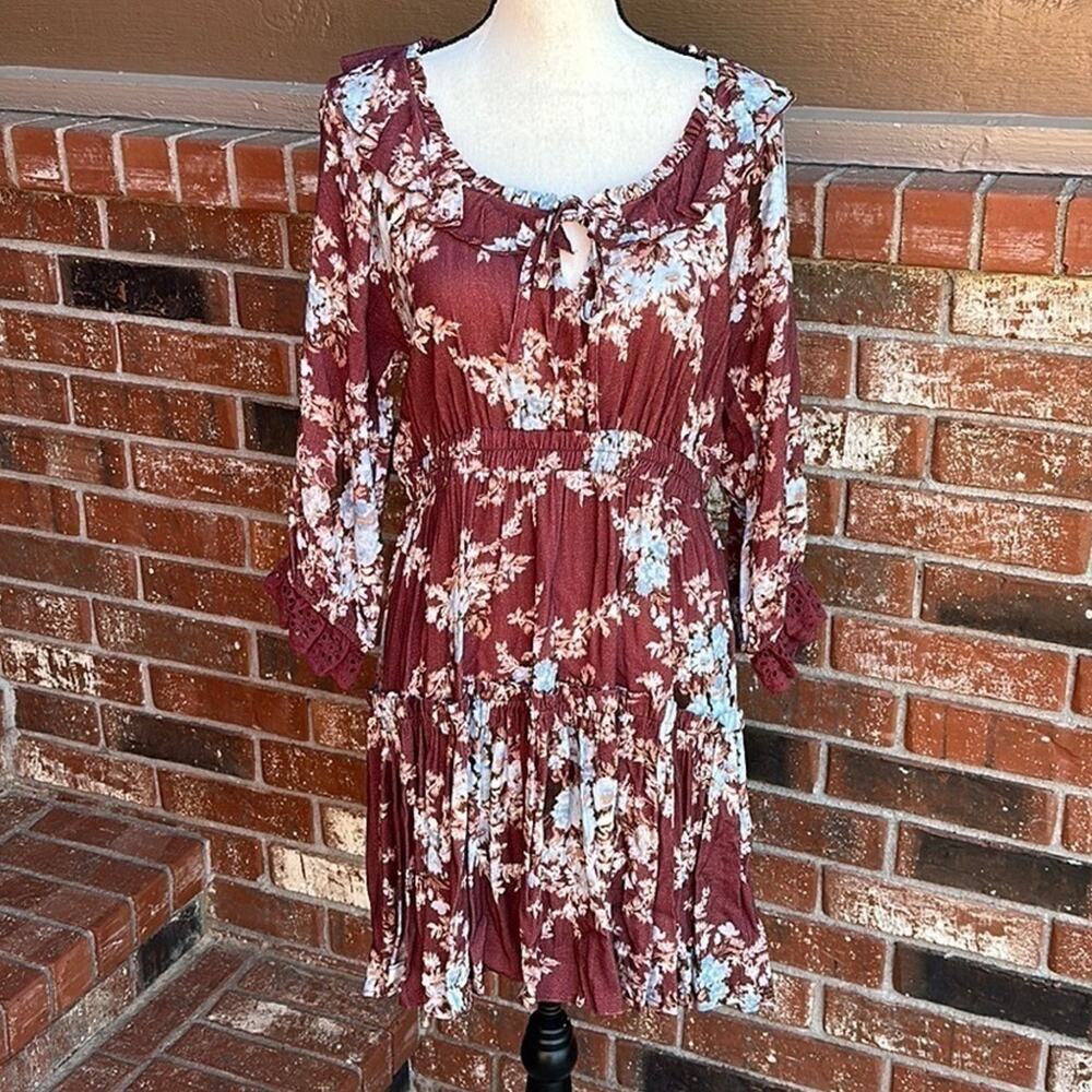 SHABBY CHIC Winnie Floral Print 3/4 Sleeve Scoop Neck Tiered Ruffle Hem Dress M